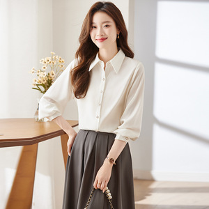 Women's White Shirt Solid Color Poplin Office Blouse Long Sleeve Simple Style - Product Image 1