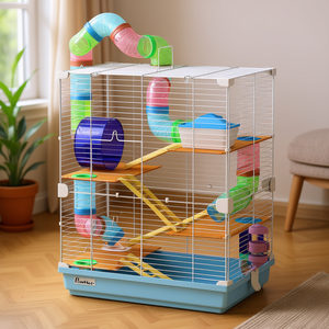 Cage à hamster PawHut à 5 niveaux, cadre en fil d'acier bleu, cage portable pour animaux de compagnie avec tubes et roues pour petits animaux - Product Image 2