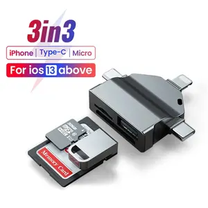 OTG Pembaca Kartu Adaptor 6 In 1, Konverter Data USB U Disk USB Mikro untuk iPhone 14 13 Pro Lighting/Tipe C/Mikro untuk Samsung Huawei Xiaomi