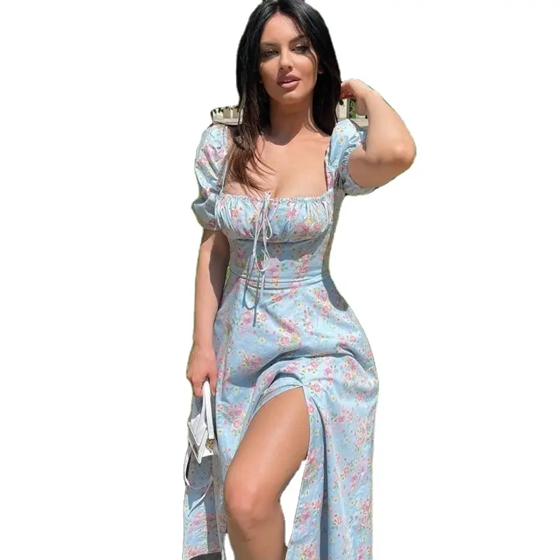 Gaun Musim Panas Wanita Lengan Puff Pendek Cetakan Ruched Pesta Tinggi Split Maxi Dress Kolor Seksi Vestidos Sundress