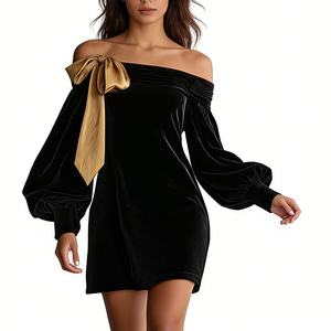 <span class=keywords><strong>Abito</strong></span> <span class=keywords><strong>Mini</strong></span> in Velluto con Spalle Scoperte e Dettaglio Fiocco Dorato, Maniche a Campana, Vestito da Cocktail per Donna, Abbigliamento Femminile Sehe Fashion - Product Image 4