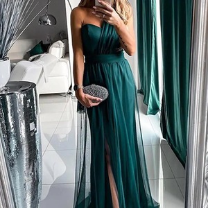 Vestido de noche largo de un solo hombro con corte imperio, abertura y capa transparente, color liso, para eventos formales - Product Image 2