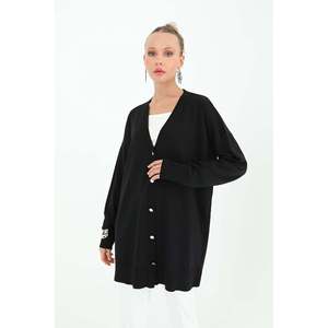Cardigan en tricot minimaliste pour femme, manches longues, noir, style long, à porter toute l'année - Product Image 1