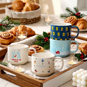 Customized Simple Porcelain Mug Set Christmas Holiday Gift Coffee <b>Latte</b> <b>Cup</b> Souvenir Set Four <b>Cups</b> Nordic Style Cartoon Pattern - Product Image 1