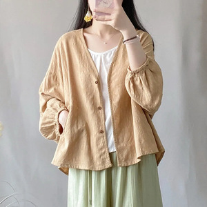 <b>Women</b> Cotton <b>Linen</b> <b>Cardigan</b> Long Sleeve V Neck Loose Plus Size Spring Summer Breathable Top Khaki White Dark Green - Product Image 1