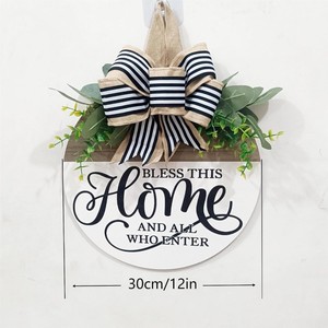 Rustic Artificial Wood <b>Door</b> Sign with <b>Wreath</b> 30cm Modern American Country Welcome Plaque - Product Image 3