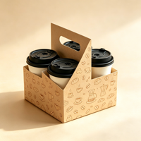 Portavasos Desechable de Cartón Reciclable con Asa, Impresión Personalizada, Grabado en Relieve, para 4 Vasos de Café o Jugo, Acabado Mate