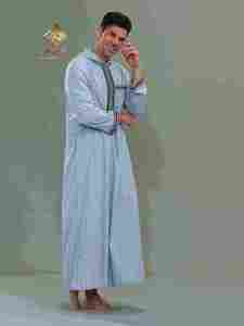 Al Haramain <b>Men's</b> Hooded <b>Thobe</b> Long Sleeve Cotton Floor Length Modest Prayer Robe Solid Light Blue Morocco style - Product Image 2