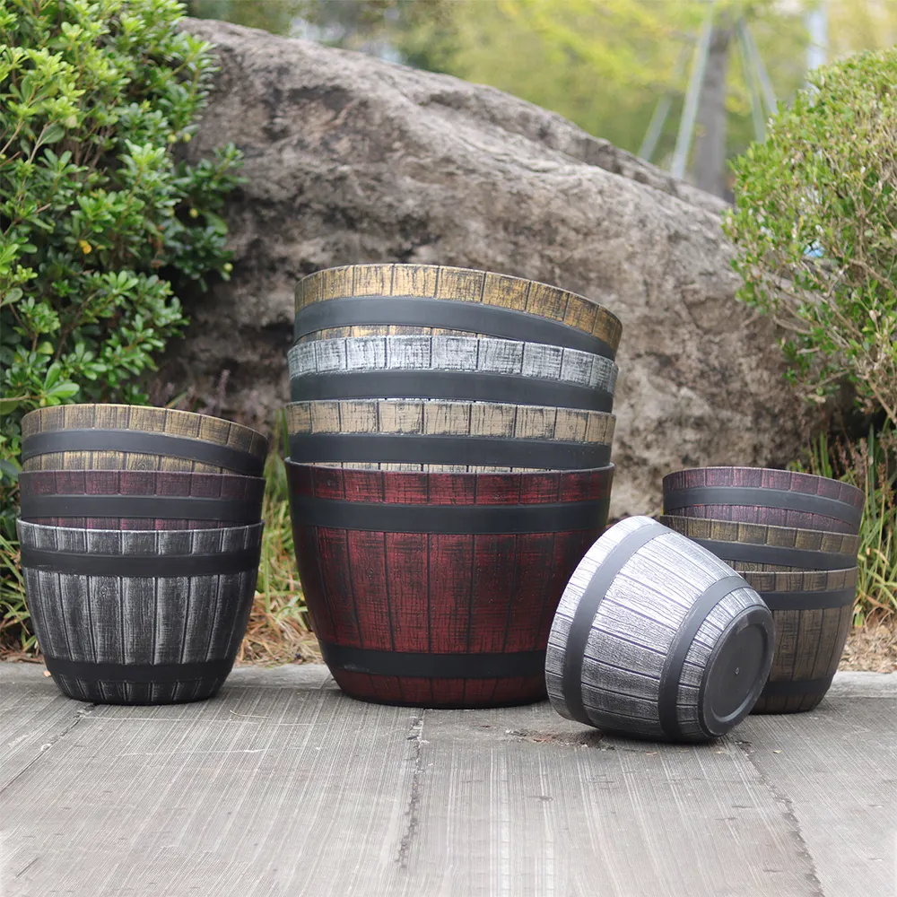 Novità fioriera in legno di alta qualità 13/15/17/20 pollici resina whisky Barrel vasi fioriere di plastica nera vaso di fiori per giardino