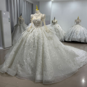 Robe de mariée de luxe perlée de Dubaï, modèle princesse, Xs117, robe de bal scintillante à manches longues illusion en dentelle pour la mère royale ou la mariée - Product Image 4