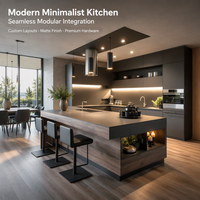 Meubles de cuisine modernes minimalistes de luxe sur mesure avec éclairage LED intégré, finition noir mat, îlot de cuisine modulaire
