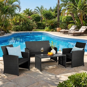 Versatile 4 Piece <b>Outdoor</b> Wicker Furniture Set PE Rattan Patio <b>Sofa</b> with High Density Foam Cushions and Rectangular Glass Table - Product Image 1