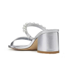 Women's Pearls Double Straps Sandals Open Square Toe on <b>Shoes</b> Low Chunky Heels Silver Slides Dress Mules - Product Image 5