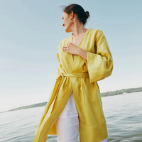 Camisa de lino para mujer vacaciones playa amarillo Boho Undone Robe Longue Femme manga larga 100% Lino Kimono batas camisas de lino para mujer