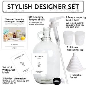 Bouteille distributrice de savon liquide pour lessive en verre transparent de grande capacité de 2 litres (67,6 oz) avec pompes pour détergent liquide et adoucissant pour tissus - Product Image 4