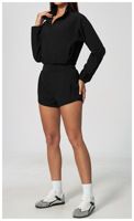 Ensemble de sport 2 pièces pour femme : veste zippée avec trous pour les pouces et short taille haute, passepoil contrastant, matière ultra douce, tenue de gym
