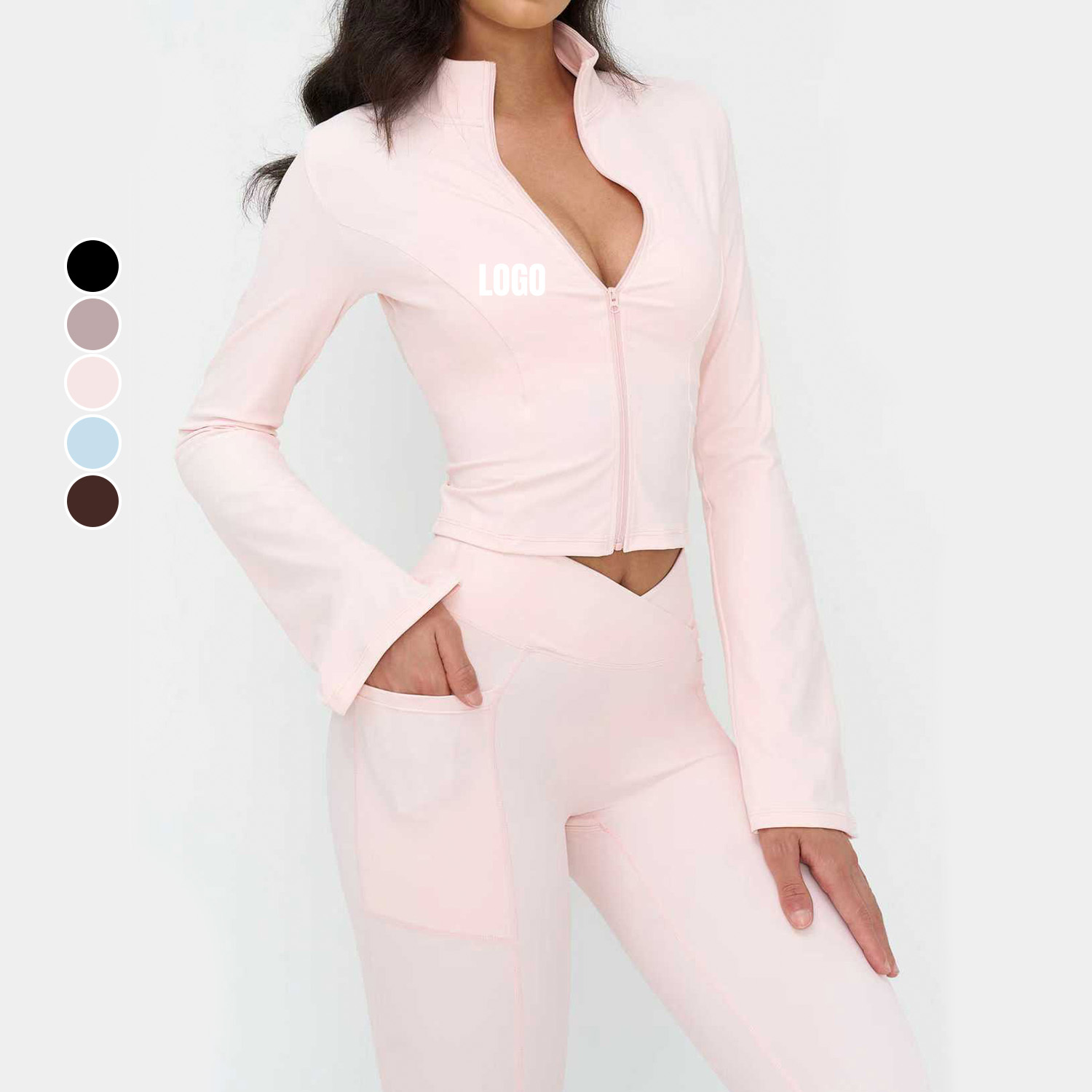 Women's Winter Naked Yoga Jacket Vertical Collar Zipper Trumpet Sleeve Moisture Wicking Outdoor Running Sports Top