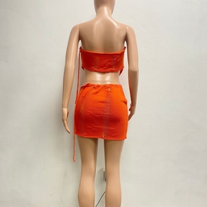 Conjunto de corsé y minifalda de punto de color liso para mujer con cordón y detalles de ganchillo - Product Image 4