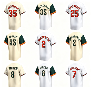 เสื้อเบสบอลบัลติมอร์โอริโอลส์สำหรับทุกเพศ # 2 เฮนเดอร์สัน # 25 อัลอนโซ่ # 35 รุชแมน # 8 ริปเคน # 7 ฮอลลิเดย์ แขนสั้นโพลีเอสเตอร์ 100% - Product Image 1