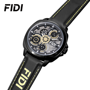 FIDI <b>Men's</b> Skeleton Quartz Watch Black Green Silicone Leather Strap Gear Dial Fashion Sport Casual Business Wristwatch - Product Image 4