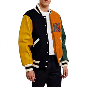 Chaqueta Varsity Dorada Casual para Hombre KVJ124 Multicolor con Mangas de Cuero y Lana, Parches de Chenilla, Cierre de Botones Bordados - Product Image 6