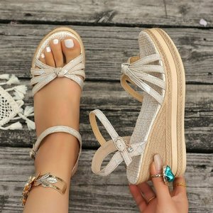 Sandales d'été élégantes à talon tressé avec boucle à lettres, style gladiateur à bout ouvert pour <span class=keywords><strong>femme</strong></span>, idéales pour un port confortable en extérieur - Product Image 3