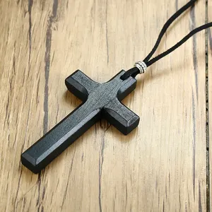 Necklace For Men Handmade Vintage Leather Cord Wooden Cross Necklace For Men And Women