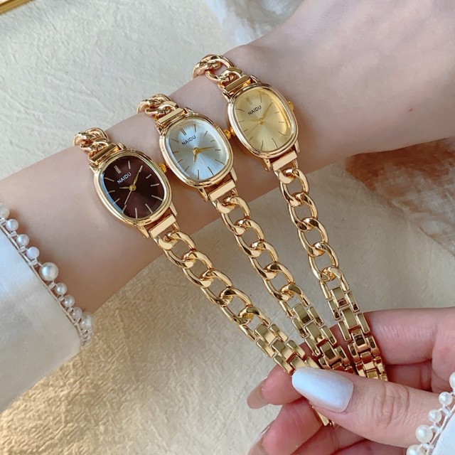 Oval Dial Gold Tone Chain Strap Quartz Watch for Women, Alloy Case Fashion Dress Wristwatch