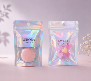 Bolsas de Mylar con Holograma Impresas Personalizadas, con Ventana Transparente, Autosellables, Iridiscentes, para Maquillaje, Regalos Pequeños y Dulces - Product Image 1