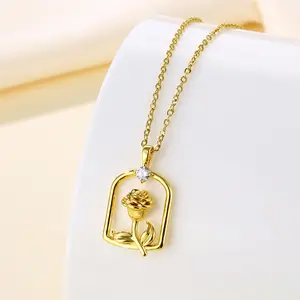 Hot Sale Love Rose Stainless Steel Necklace Zircon Forever Romantic Square Shaped Necklace Jewelry For Women And Girls