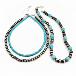 Collier superposé <span class=keywords><strong>en</strong></span> acier inoxydable style Navajo, couleur étain antique et turquoise, ensemble de 3 colliers ras-du-cou haut de gamme <span class=keywords><strong>pour</strong></span> <span class=keywords><strong>femme</strong></span> - Product Image 3