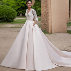 Abiti <span class=keywords><strong>da</strong></span> <span class=keywords><strong>sposa</strong></span> Sexy con scollo a V in pizzo a trapezio maniche a tre quarti <span class=keywords><strong>tasche</strong></span> con perline con fiocco 2021 nuovi abiti <span class=keywords><strong>da</strong></span> <span class=keywords><strong>sposa</strong></span> lunghi fino al pavimento - Product Image 1