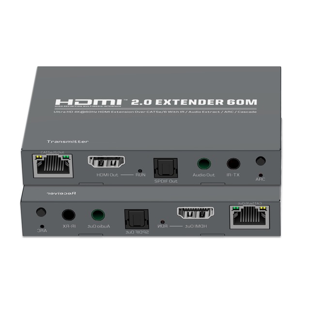 SYONG 60m HDMI2.0 Ultra HD 4K60Hz Extender Single CAT5e 6 Aluminum Alloy Cascade Transmitter Receiver with IR ARC Loopout