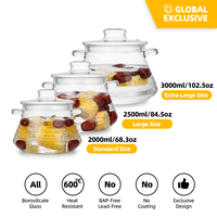 Lot de 3 pots en verre borosilicate côtelé, 2000ml, 2500ml, 3000ml / 67.6oz, 84.5oz, 101.4oz, Vente en gros OEM