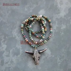 NM20659 Natural Gemstone Fancy Jasper Rondelle Beads Necklace With Rhinestone Paved Ox Bull Head Pendant Boho Chic Jewelry