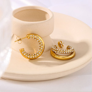 Boucles d'oreilles tendance anti-ternissement de créateur, plaquées or PVD 14k 18k, en acier inoxydable 316L, zircon, bijoux fins, marque CC, pour femmes - Product Image 1