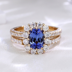 Conjunto <span class=keywords><strong>de</strong></span> anillos <span class=keywords><strong>de</strong></span> boda Anillo <span class=keywords><strong>de</strong></span> zafiro cultivado en laboratorio 10K Oro amarillo 8*10mm Oval Lab Grown Royal Blue Sapphire Wedding Band Set para novia - Product Image 3