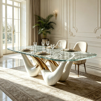 Table à manger de luxe européenne en fibre de verre avec plateau en verre transparent doré, table de salle à manger design moderne