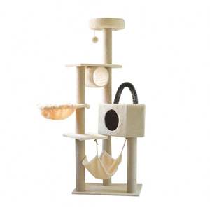 Arbre à chat moderne et haut de gamme en rotin et bois, toutes saisons, avec poteaux à gratter, condos et perchoir supérieur - Product Image 2