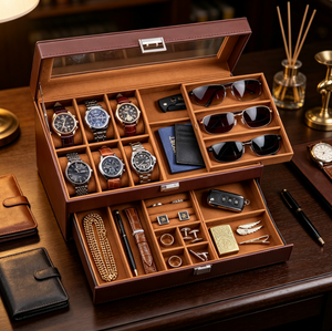 Caja de Almacenamiento de Accesorios para Hombre de Cuero de Gran Capacidad, Organizador Multicompartimento para Relojes, Gafas de Sol, Collares, Objetos de Valor de Escritorio - Product Image 5