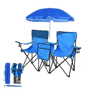 Ucuz çift katlı çim balıkçılık 2 kişilik katlanır kamp plaj sandalyesi büyük şemsiye gölgelik