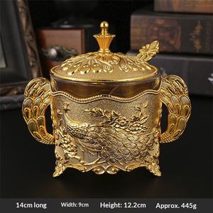 Pot de rangement en alliage de zinc doré de style européen, sculpté de fleurs, pour fruits secs, bonbons, avec couvercle - Product Image 6