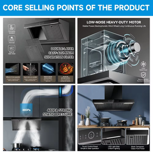 Hotte de <span class=keywords><strong>cuisine</strong></span> murale inclinée noire, fonctionnement économe en énergie, capteur tactile, construction en acier inoxydable, verre trempé - Product Image 3