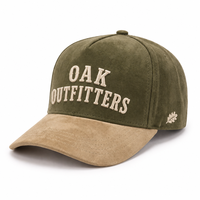 Casquette en daim bicolore de haute qualité avec logo personnalisé, 5 panneaux, broderie 3D en relief, visière incurvée, vert olive et beige, pour le camping, vente en gros