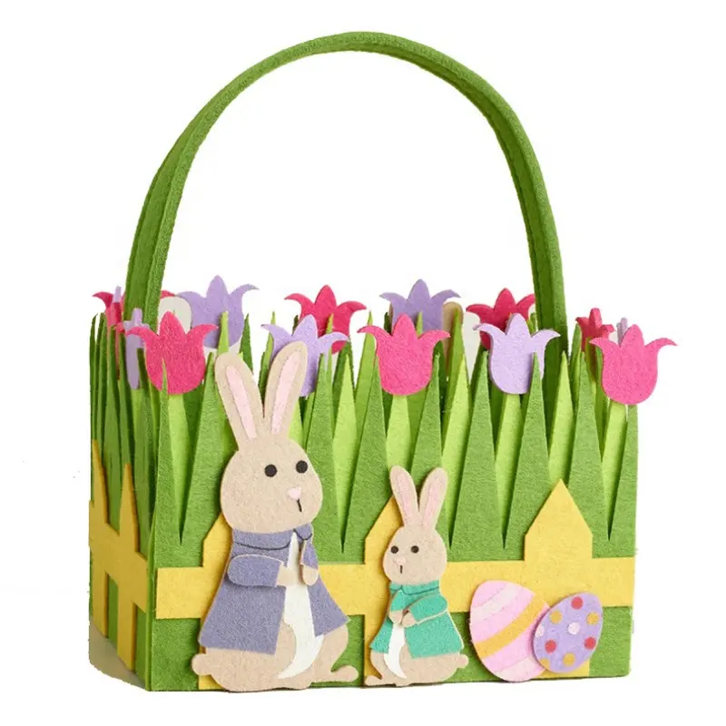 Decoración de fieltro hecha a mano, bolsas de cesta de conejito de dibujos animados de Pascua personalizadas, bolso de mano de fieltro, Cubo de dulces de huevo