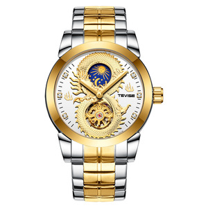 Montres-bracelets pour hommes de luxe, étanches, en acier inoxydable, à quartz, avec phases lunaires, dorées, avec dragon 3D - Product Image 2