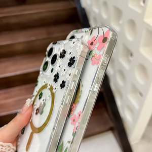 Custodia Trasparente IMD con Motivo Floreale per iPhone 16 Pro Max 15 14 13 12, Placcata, Compatibile con Ricarica Wireless, Anello Magnetico, Antiurto - Product Image 3