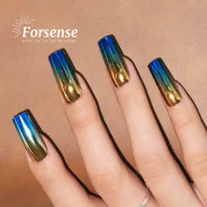 glamour long square reflective glitter press on nails metallic chrome fake nails acrylic holographic false nails efecto aurora