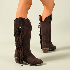 Nuovi <span class=keywords><strong>Stivali</strong></span> da Donna Versatili in Stile Europeo-Americano, Marrone Scuro con Nappe, Stile Western <span class=keywords><strong>Cowboy</strong></span>, Tomaia in Finta Pelle Scamosciata e Rete, con Rialzo Interno - Product Image 2