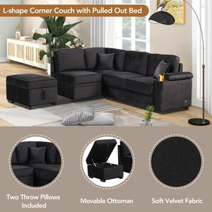 Modern Three Seat Fabric <b>Sofa</b> Bed Pull-Out Function 2-in-1 L-Shape Couch Storage Ottoman Living Room Bedroom Hotel <b>Small</b> Set - Product Image 2